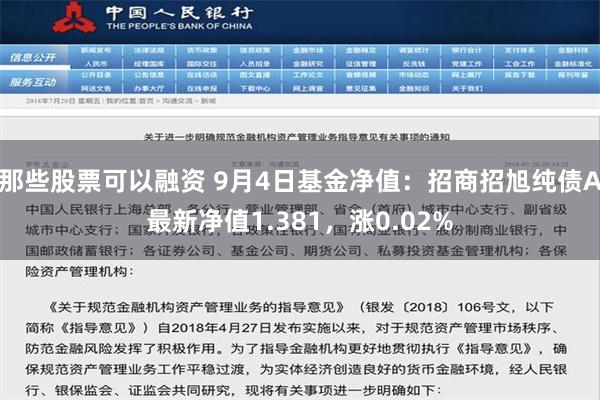 那些股票可以融资 9月4日基金净值：招商招旭纯债A最新净值1.381，涨0.02%